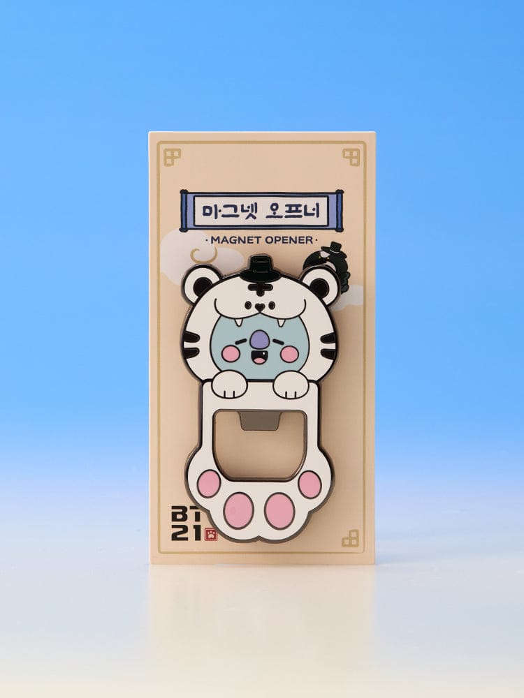 BT21 MAGNET OPENER K-HORANG, ouvre-bouteille magnet papeterie BT21 LINE FRIENDS avec personnage panda sur fond bleu.