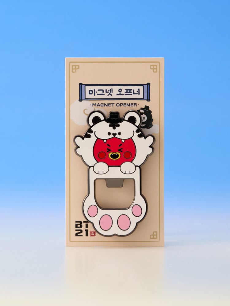 BT21 MAGNET OPENER K-HORANG, ouvre-boîte magnet K-Horang LINE FRIENDS, design BT21 sur fond bleu, papeterie officielle.