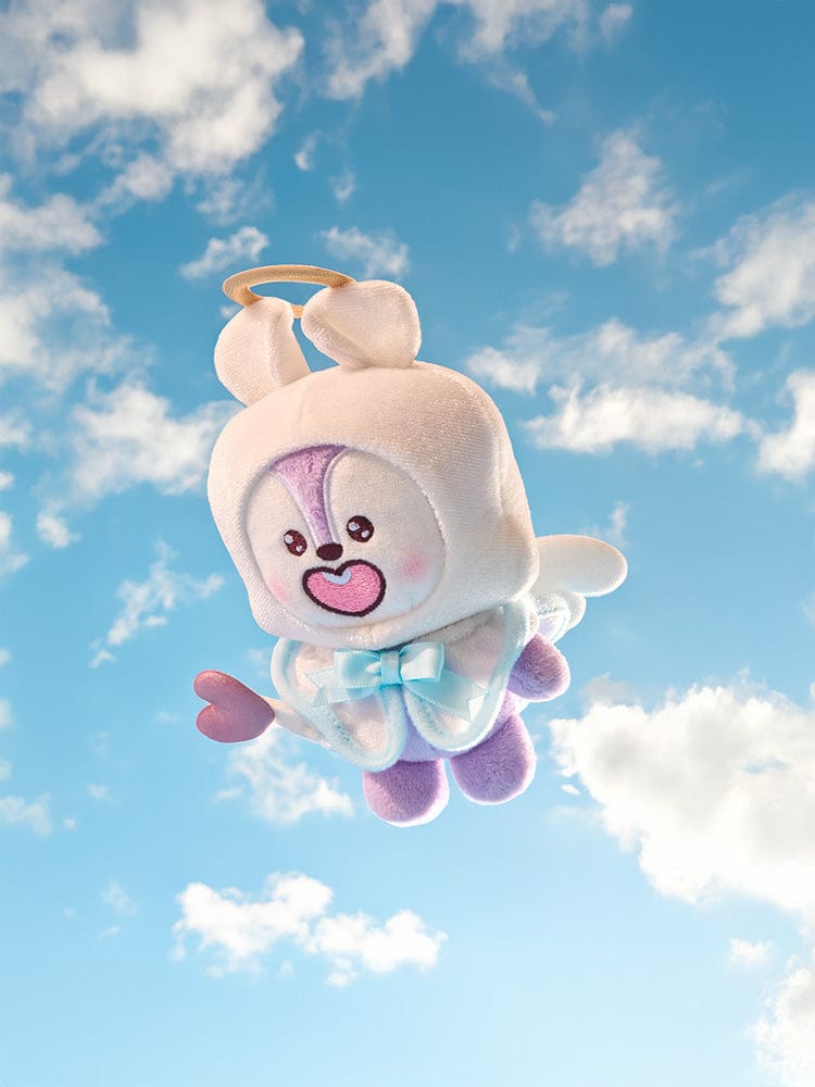 BT21 MANG ANGEL PLUSH ANGEL & VILLAIN de LINE FRIENDS, peluche Mang ange et villain sur fond ciel bleu