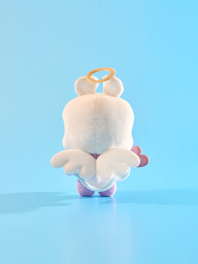 BT21 MANG ANGEL PLUSH ANGEL & VILLAIN, peluche LINE FRIENDS en studio sur fond bleu ciel, ange-vilain mignon