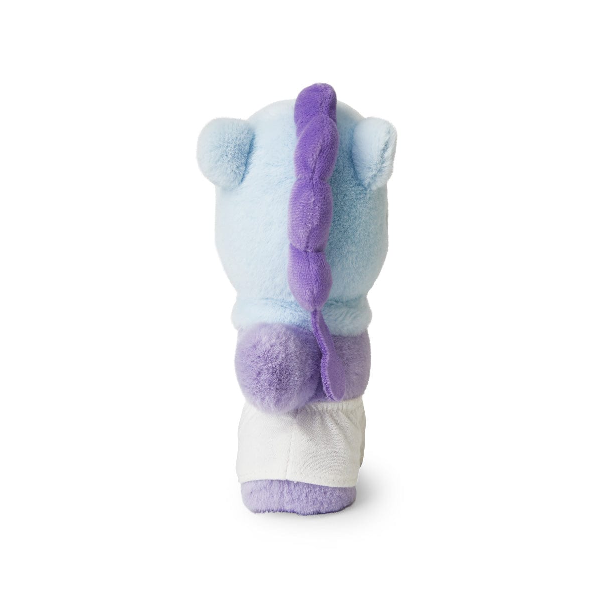 BT21 MANG BABY COSTUME PLUSH LINE FRIENDS, peluche poney danseur masqué, tenue bleue et mauve sur fond blanc.