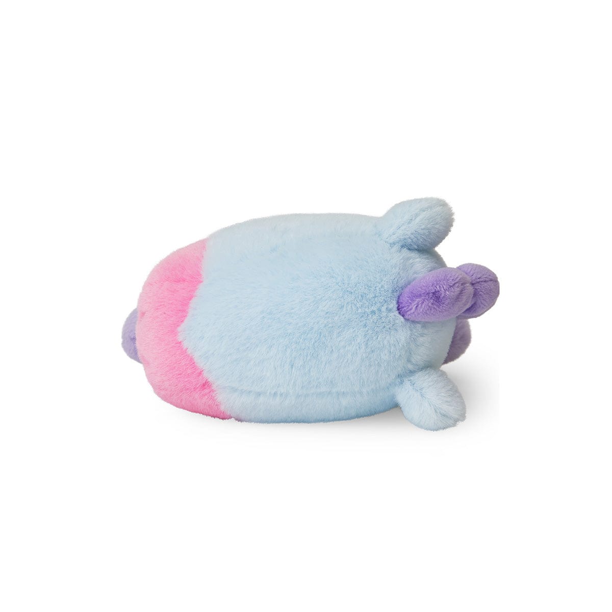 BT21 MANG BABY COSTUME PLUSH peluche officielle LINE FRIENDS, poney bleu ciel allongé en costume masqué, fond blanc.