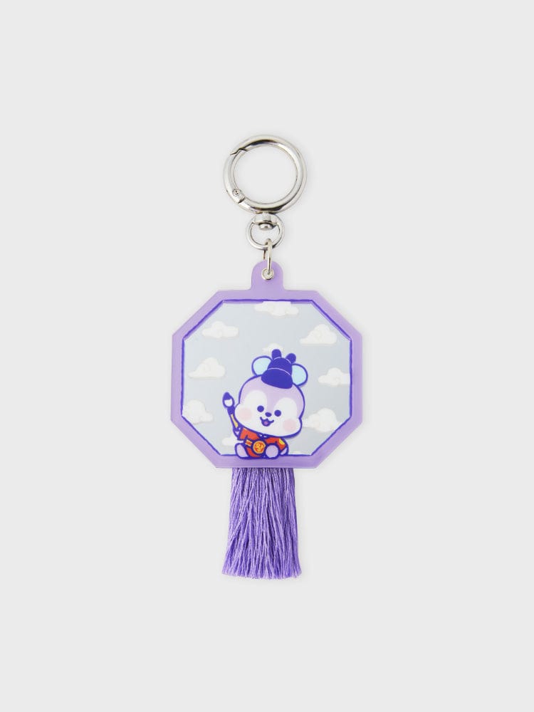 BT21 MANG BABY MIRROR KEYRING K-EDITION ver.2 : porte-clés miroir violet avec pompon, personnage MANG, fond clair, officiel LINE FRIENDS.