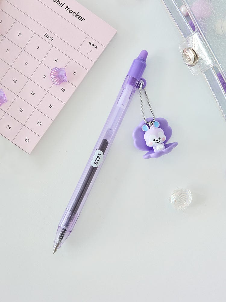 BT21 MANG BABY PEARL FIGURINE GEL PEN LINE FRIENDS, stylo gel violet avec figurine sur fond bureau école