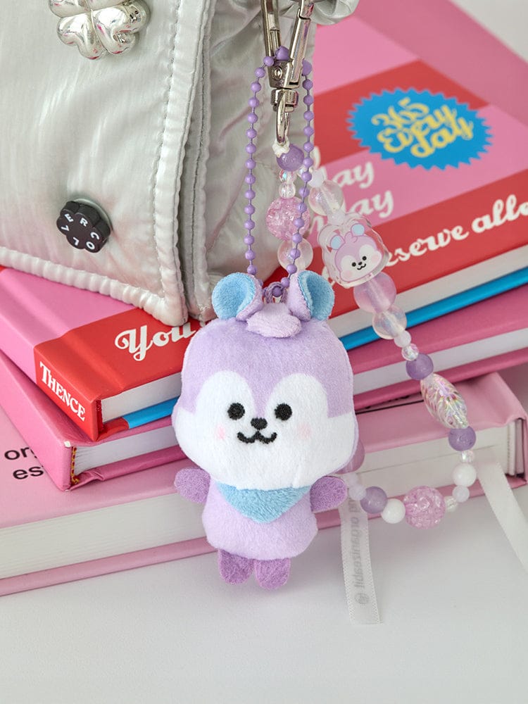 BT21 MANG BABY PEARL PLUSH KEYRING, porte-clés LINE FRIENDS sur livres roses, poney danseur masqué en peluche
