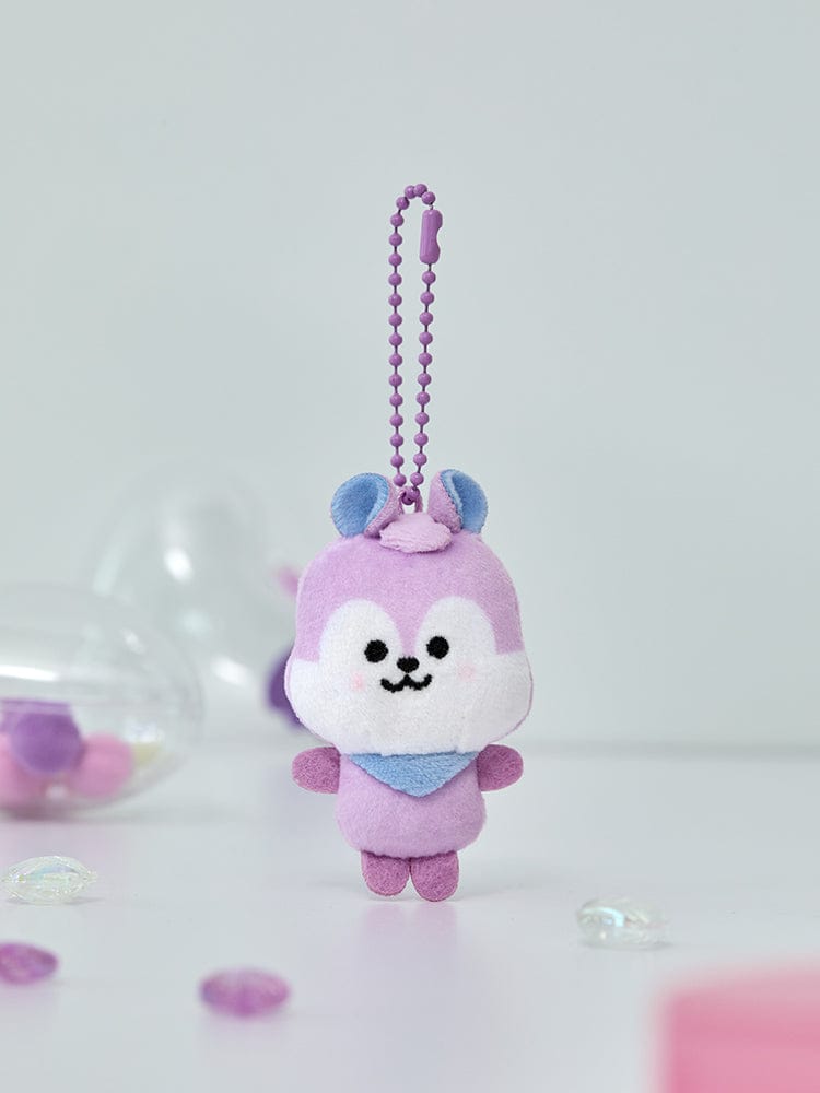 BT21 MANG BABY PEARL PLUSH KEYRING, porte-clés LINE FRIENDS avec peluche mauve sur fond clair, contexte K-pop.