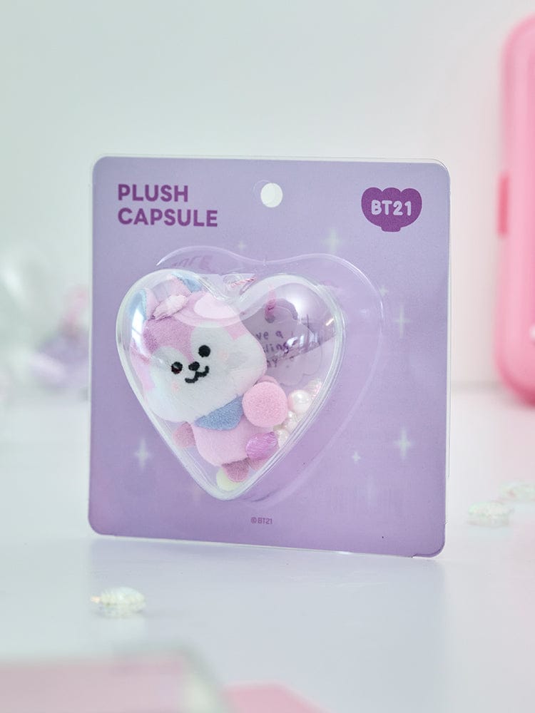 BT21 MANG BABY PEARL PLUSH KEYRING, porte-clés peluche sur blister mauve, LINE FRIENDS, fan K-pop, packaging cœur.