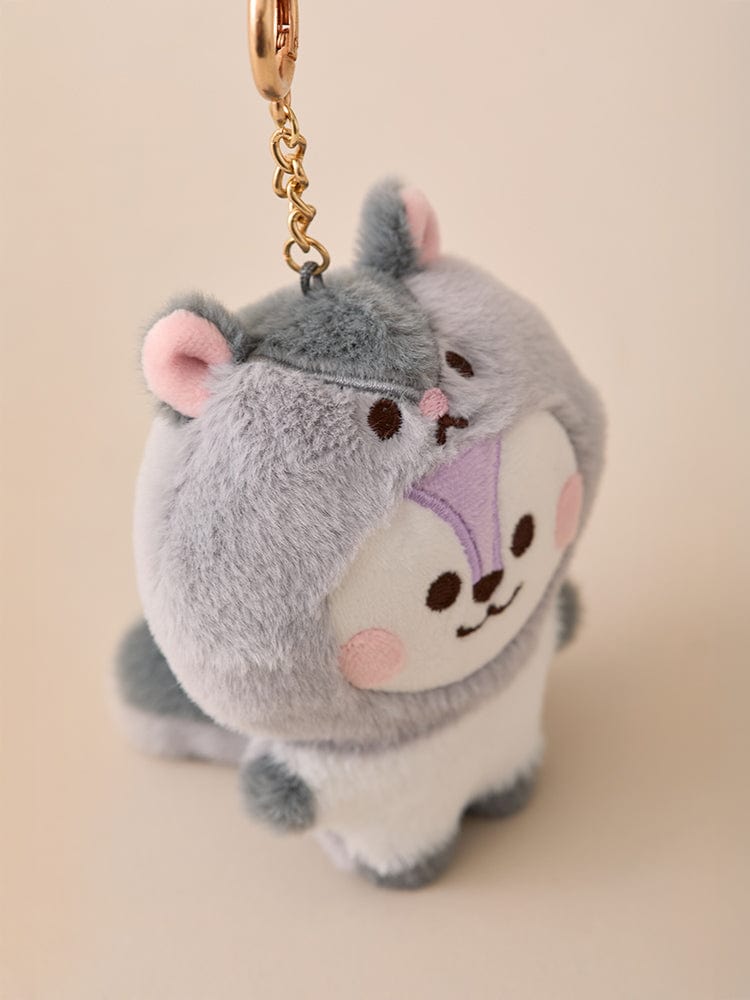 BT21 MANG BABY PLUSH KEYRING FLUFFY, porte-clés peluche LINE FRIENDS K-pop, poney gris masqué sur fond beige.