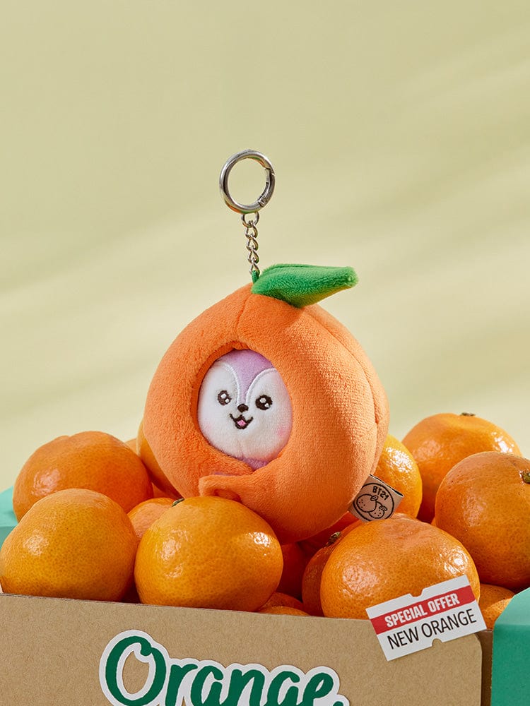 BT21 MANG BABY PLUSH KEYRING ORANGE PARTY, porte-clés plush orange avec MANG, arrière-plan jaune, décor festif LINE FRIENDS