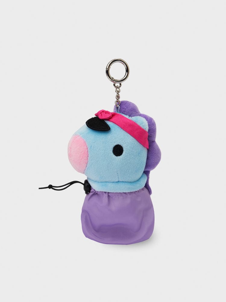 BT21 MANG BABY TRAVEL BAG CHARM de LINE FRIENDS : porte-clés en peluche bébé, MANG avec sac violet, fond clair.