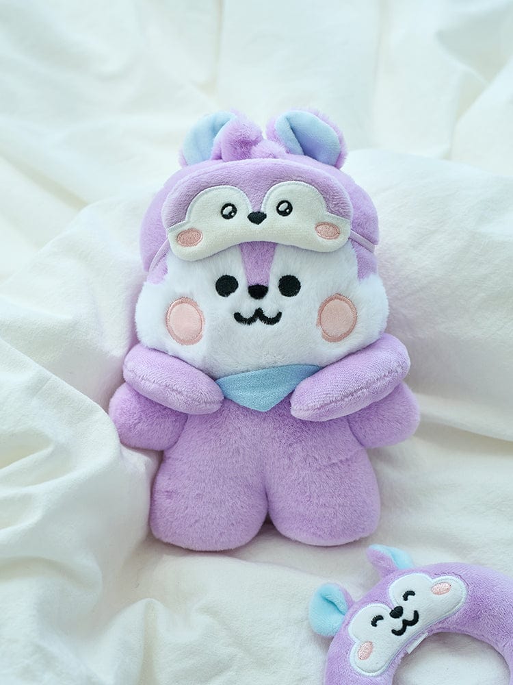 BT21 MANG BASIC COSTUME CLOSET - SLEEP EYE MASK SET : peluche MANG et masque pour dormir sur drap, LINE FRIENDS.