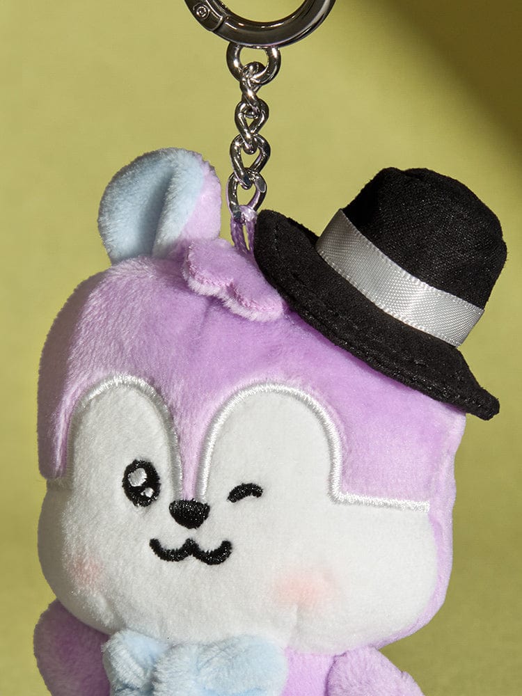 BT21 MANG Baby Born to Dance Small Doll Keychain (Fedora) : porte-clés peluche violet MANG, chapeau noir, fond jaune, officiel LINE.