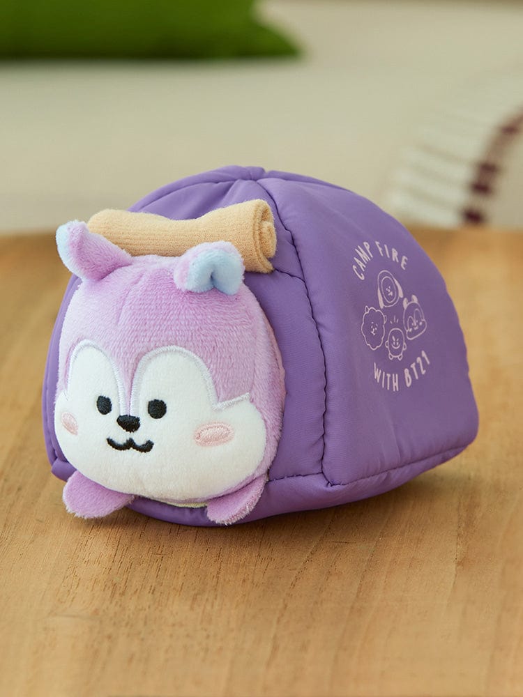 BT21 MANG DOLL CAMPFIRE, peluche officielle LINE FRIENDS BT21 : poney danseur masqué MANG, décor camping sur table