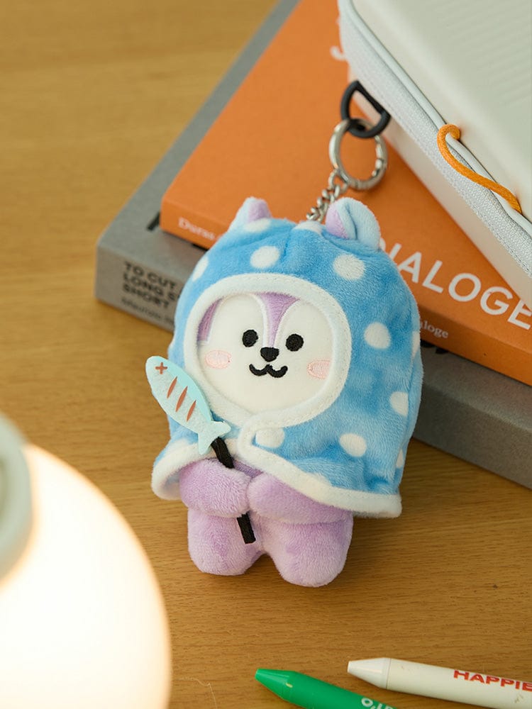 BT21 MANG DOLL KEYRING CAMPFIRE : porte-clés officiel LINE FRIENDS, figurine MANG au style nuit, sur bureau en bois