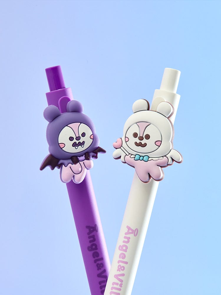 BT21 MANG GEL PEN SET (2PCS) ANGEL & VILLAIN : stylos MANG violet et blanc sur fond bleu, papeterie officielle LINE FRIENDS