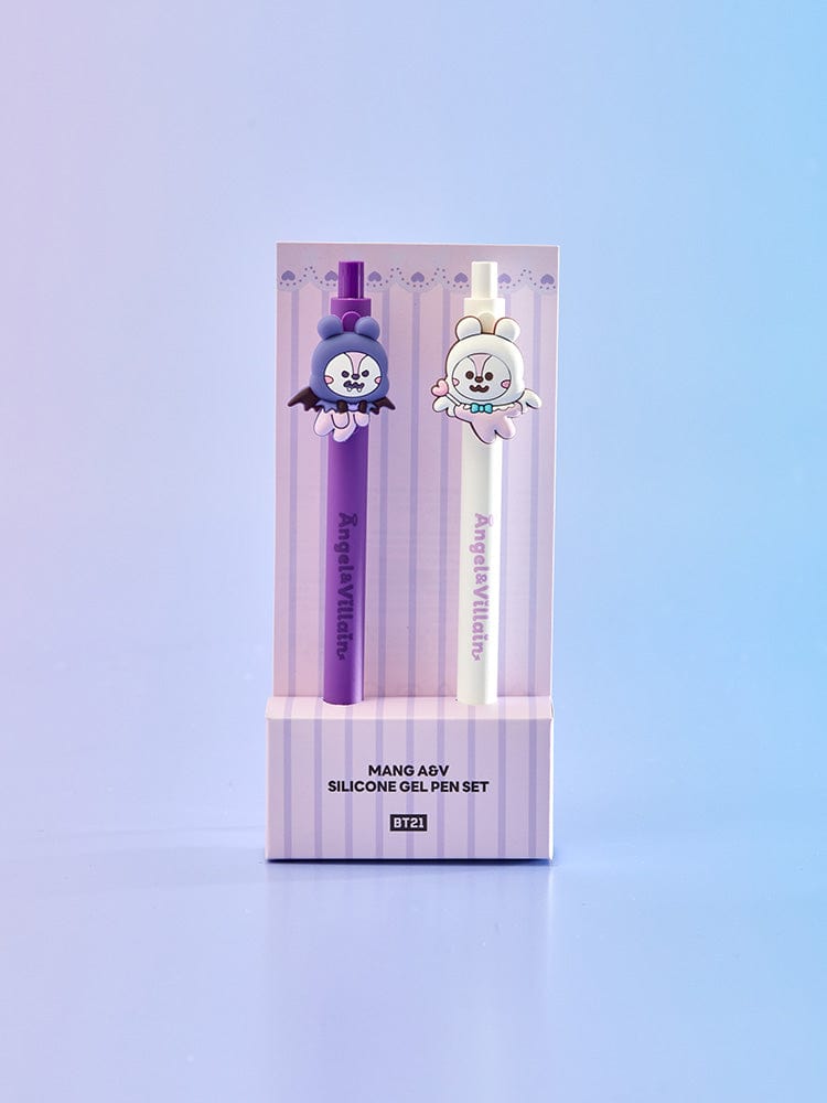 BT21 MANG GEL PEN SET (2PCS) ANGEL & VILLAIN, set officiel LINE FRIENDS avec deux stylos sur fond bleu