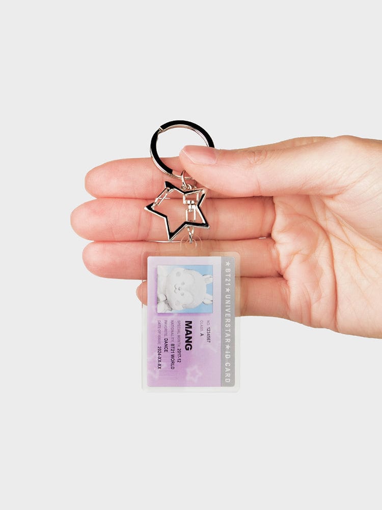 BT21 MANG ID CARD ACRYLIC KEYRING SILVER EDITION, porte-clés acrylique LINE FRIENDS dans la main, style badge argent