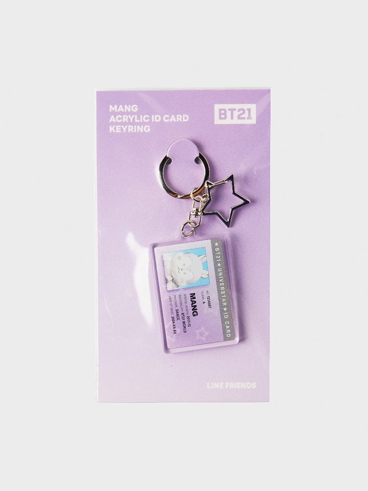 BT21 MANG ID CARD ACRYLIC KEYRING SILVER EDITION, porte-clés en acrylique MANG sur carte, LINE FRIENDS, packaging violet.