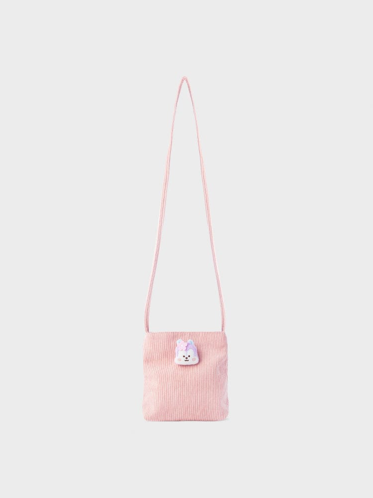 BT21 MANG MINI CORDUROY CROSSBODY BAG SPRING DAYS, sac bandoulière LINE FRIENDS en velours côtelé rose, décor poney mascotte