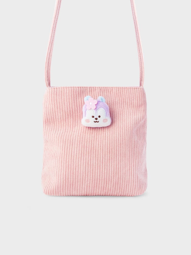 BT21 MANG MINI CORDUROY CROSSBODY BAG SPRING DAYS, sac bandoulière LINE FRIENDS en velours côtelé rose avec pendentif poney.