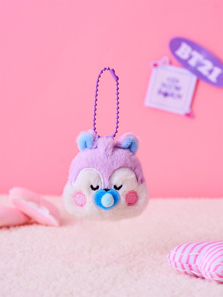 BT21 MANG NEWBORN BABY PLUSH KEYRING, porte-clés LINE FRIENDS avec peluche MANG sur fond rose pastel.