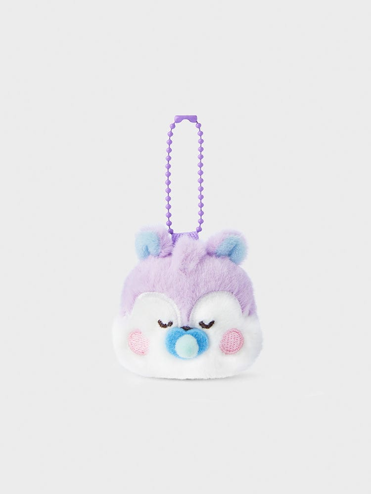 BT21 MANG NEWBORN BABY PLUSH KEYRING LINE FRIENDS : porte-clés peluche nouveau-né MANG avec chaîne violette sur fond clair.