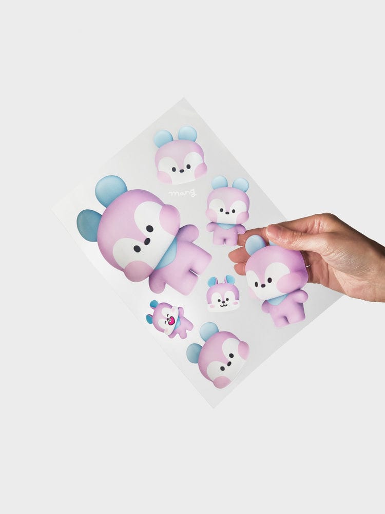 BT21 MANG REMOVABLE STICKERS BIG & TINY EDITION LINE FRIENDS : stickers poney danseur masqué, main les détache sur fond clair.