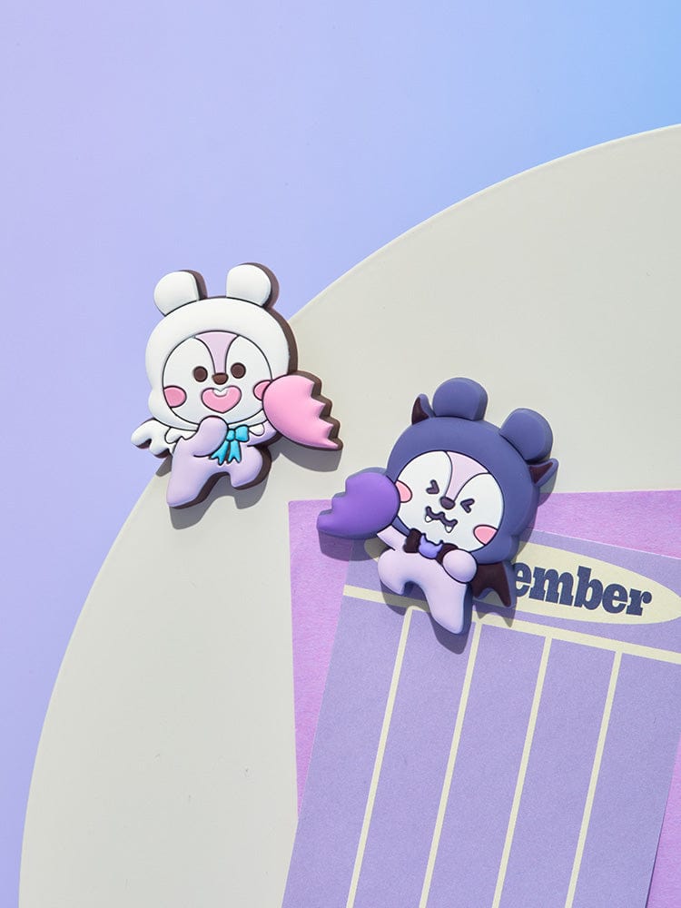BT21 MANG SILICONE MAGNET SET (2PCS) ANGEL & VILLAIN, magnets décoratifs LINE FRIENDS sur bloc papeterie