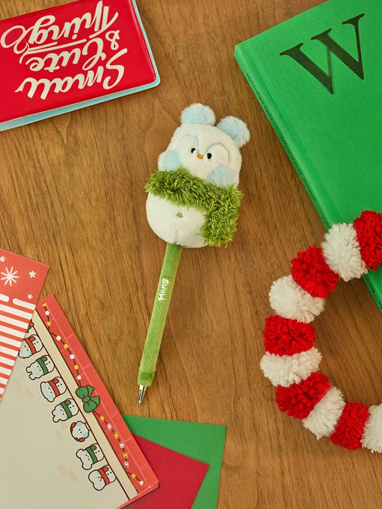 BT21 MANG mini minini SNOWMAN PLUSH GEL PEN PETITE HOLIDAY : peluche stylo sur accessoires Noël, marque BT21, décor bois