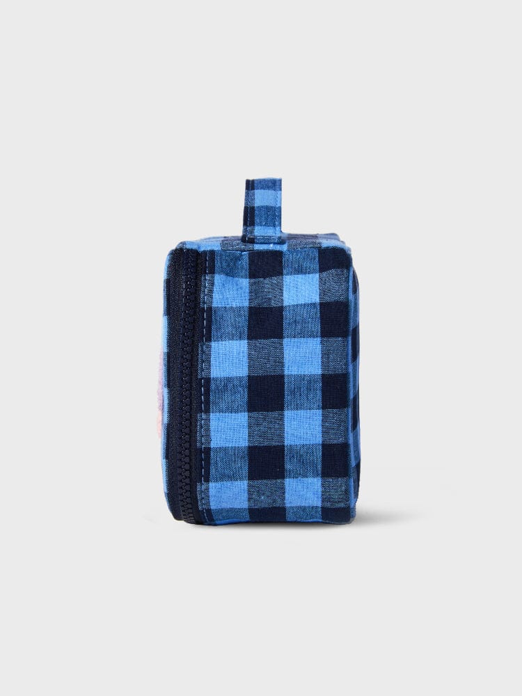 BT21 MANG minini CHECKERED POUCH BASIC : pochette à carreaux bleus avec MANG, forme arrondie, design minimaliste LINE FRIENDS.