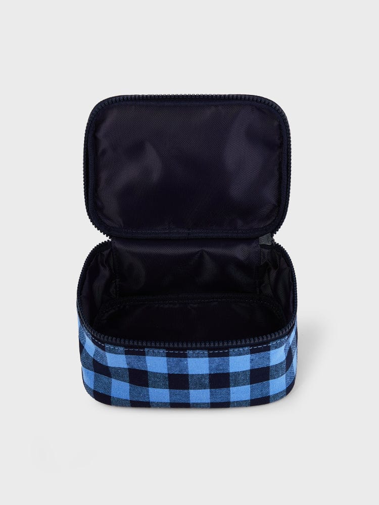 BT21 MANG minini CHECKERED POUCH BASIC : pochette zippée noire et carreaux bleus, forme arrondie minimaliste LINE FRIENDS