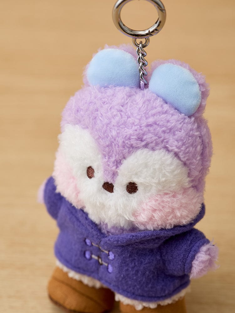 BT21 MANG minini DOLL KEYRING BOOTS EDITION, porte-clés tissu MANG, mini poney danseur masqué, sur fond bois clair.