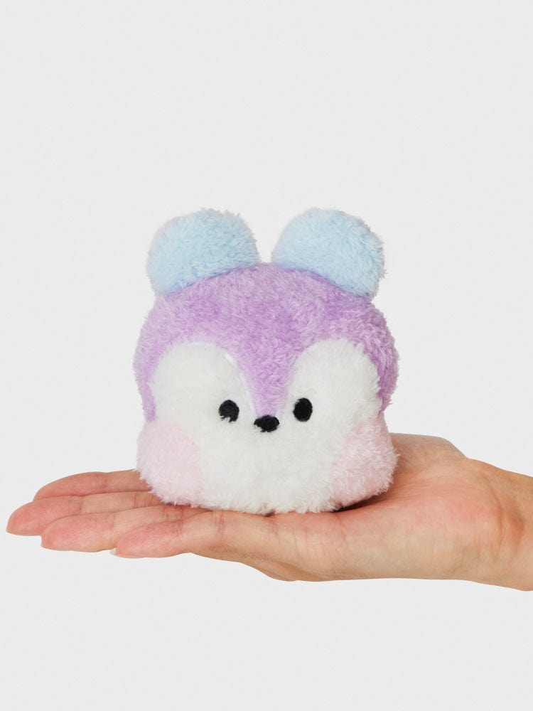 BT21 MANG minini HANDHELD MIRROR GLITTER EDITION : peluche minini MANG sur main, regardant un miroir, effet scintillant