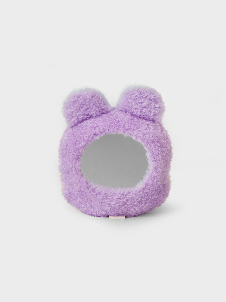 BT21 MANG minini HANDHELD MIRROR GLITTER EDITION, peluche poney violette avec miroir, style décor chambre sur fond clair.