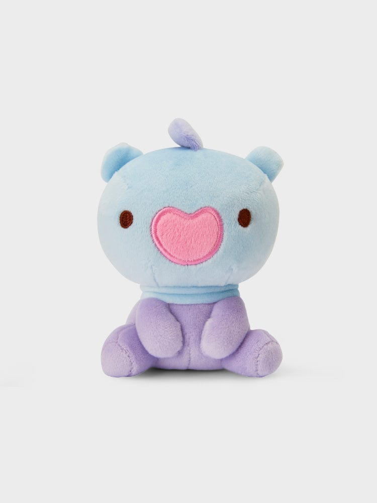 BT21 MANG minini LYING DOLL, peluche officielle bleue assise, personnage poney danseur masqué j-hope BTS sur fond clair.