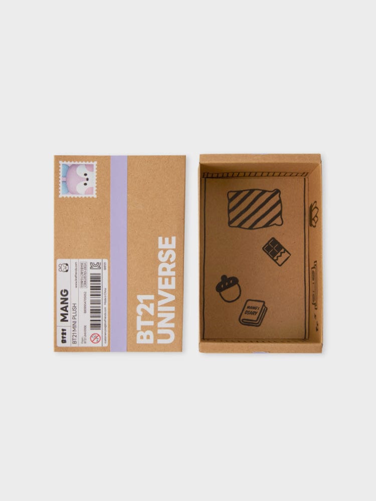 BT21 MANG minini MINI DOLL officielle, boîte et étiquette sur fond beige, visuel produit marque BT21