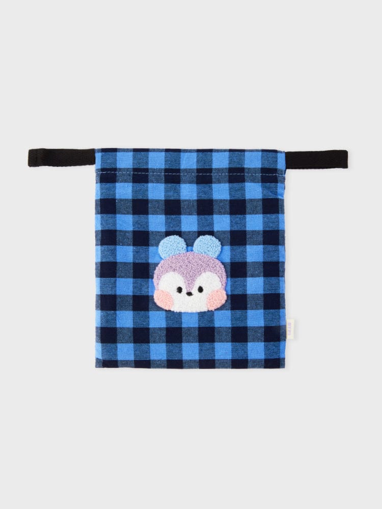BT21 MANG minini STRING POUCH BASIC, pochette string officielle LINE FRIENDS en tissu bleu à carreaux avec MANG mignon
