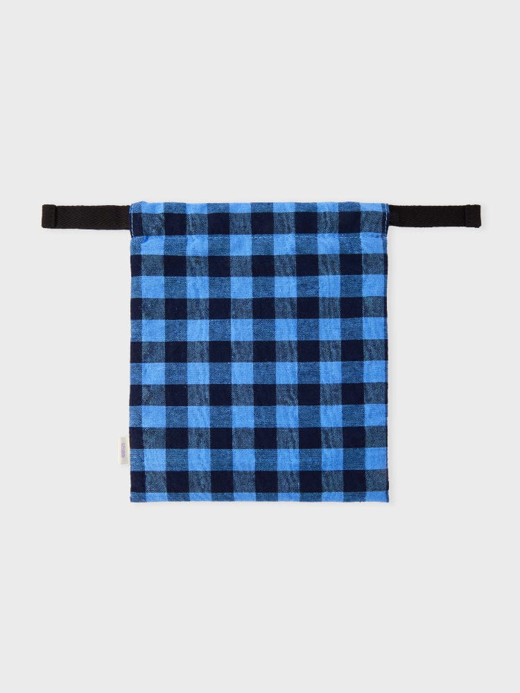 BT21 MANG minini STRING POUCH BASIC, pochette string officielle LINE FRIENDS, tissu bleu à carreaux, style minimaliste.