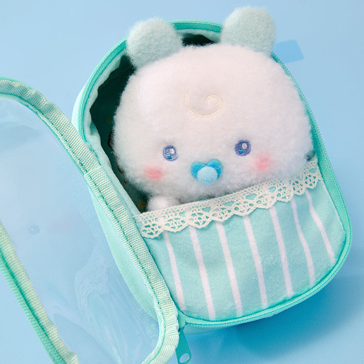 BT21  MMMM BABY PVC Transparent White Pouch, marque BT21, pochette transparente blanche avec motif bébé, fond bleu.