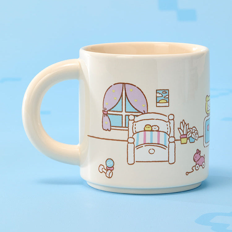 BT21  MMMM BABY Turnaround Mug : mug blanc décoré avec personnages, style Kawaii, sur fond bleu ciel