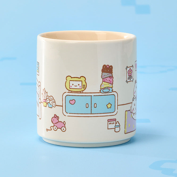 BT21  MMMM BABY Turnaround Mug de la marque BT21 : mug blanc illustré, fond bleu, décor mignon en mode tour.