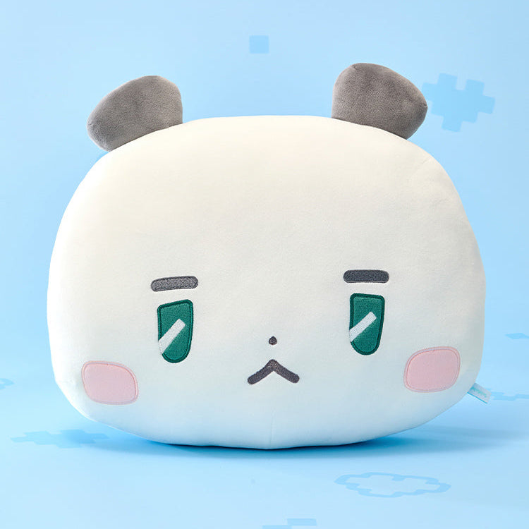 BT21  MMMM Large Mochi Face Cushion : coussin visage mochi blanc, style personnage, sur fond bleu, marque BT21.