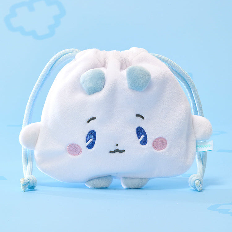 BT21  MMMM String Pouch : petite pochette à cordon blanche et bleue, visage Koya, décor ciel bleu