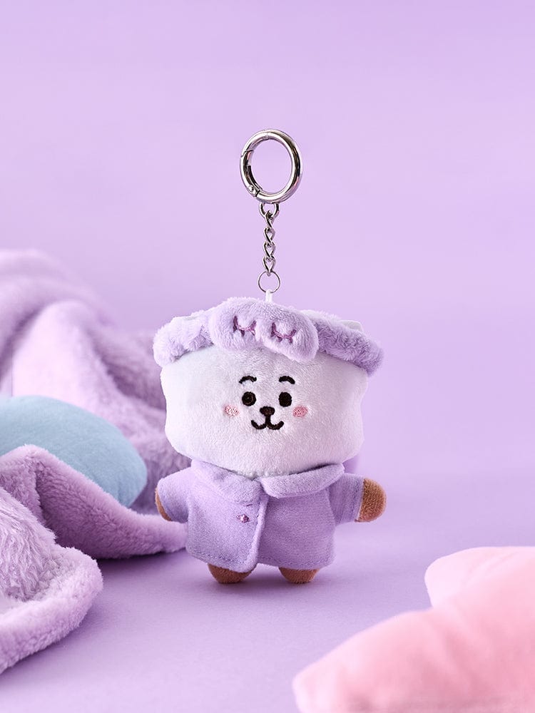 BT21 NEW BASIC RJ PAJAMA PLUSH KEY RING : porte-clés en peluche RJ pyjama violet sur fond mauve LINE FRIENDS