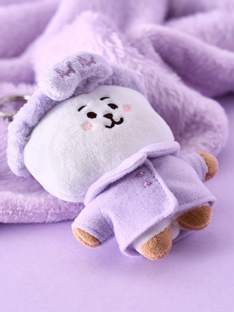 BT21 NEW BASIC RJ PAJAMA PLUSH KEY RING, porte-clés en peluche RJ pyjama violet, fond violet, officiel LINE FRIENDS