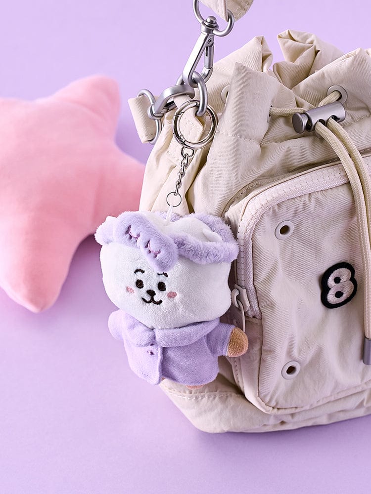 BT21 NEW BASIC RJ PAJAMA PLUSH KEY RING, porte-clés RJ en peluche pyjama, accessoire officiel LINE FRIENDS sur fond violet