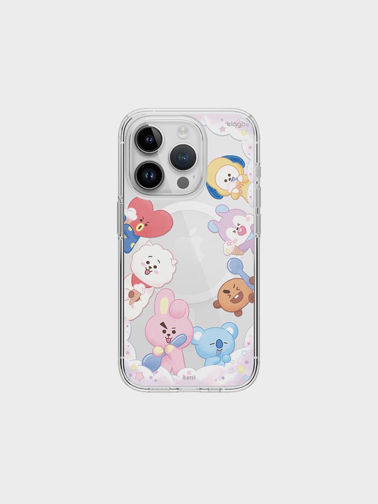 BT21 ON THE CLOUD MAGSAFE IPHONE CASE : coque iPhone transparente LINE FRIENDS avec personnages BT21 sur fond clair.
