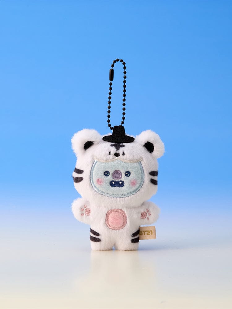 BT21 PLUSH KEYRING K-HORANG porte-clés en peluche blanche K-pop LINE FRIENDS, personnage adorable sur fond bleu ciel.