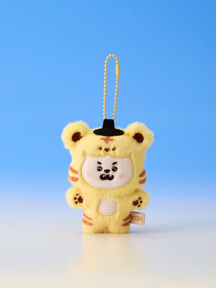 BT21 PLUSH KEYRING K-HORANG, porte-clés peluche K-Horang LINE FRIENDS officiel BTS, sur fond bleu, accessoire fan K-pop