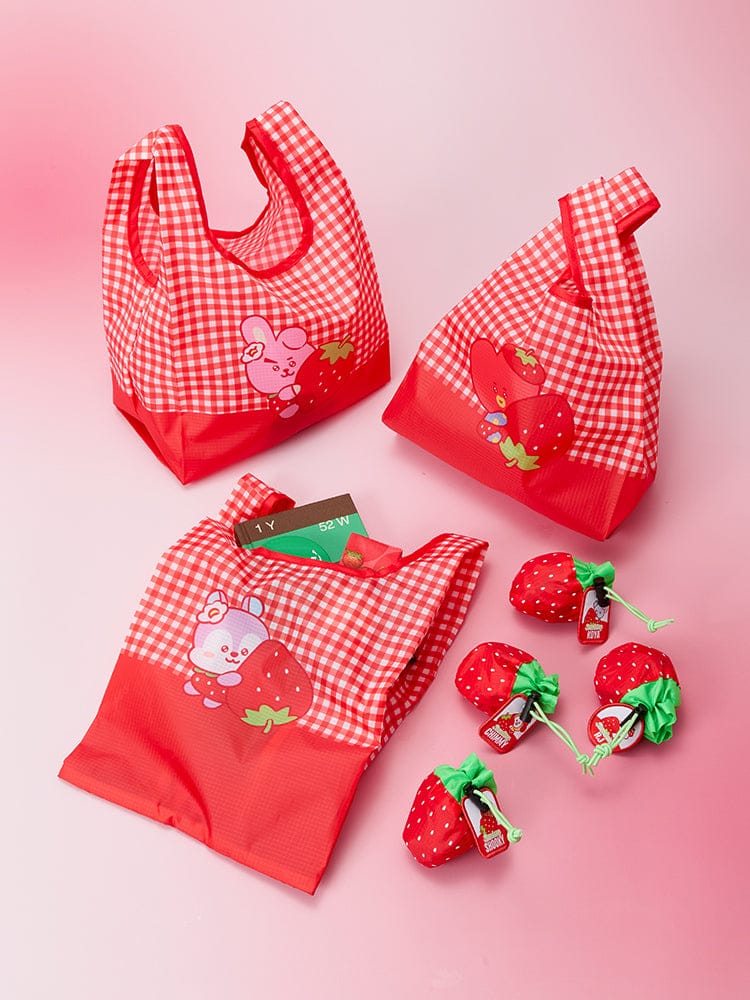 BT21 POUCH MARKET BAG STRAWBERRY PARTY, pochettes market bag BT21 LINE FRIENDS à motif fraise vichy rouge sur fond rose